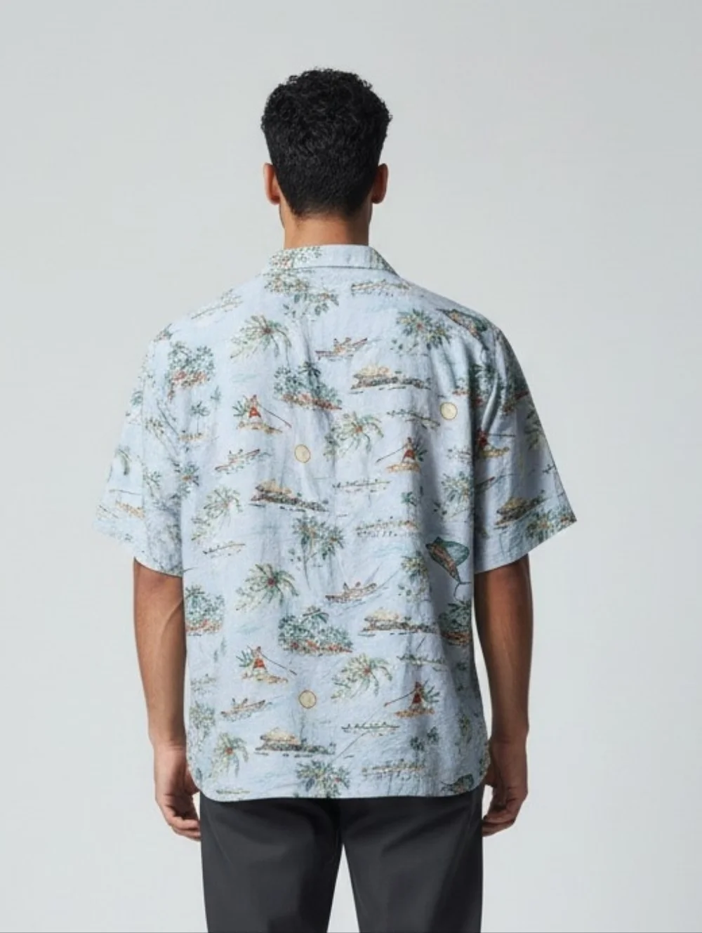J. Crew Lightweight Light Blue Chambray Shirt with Multicolor Tropical Print M